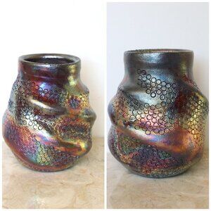Raku Handmade altered Ceramic Pottery Vase rainbow multicolor glaze Signed
